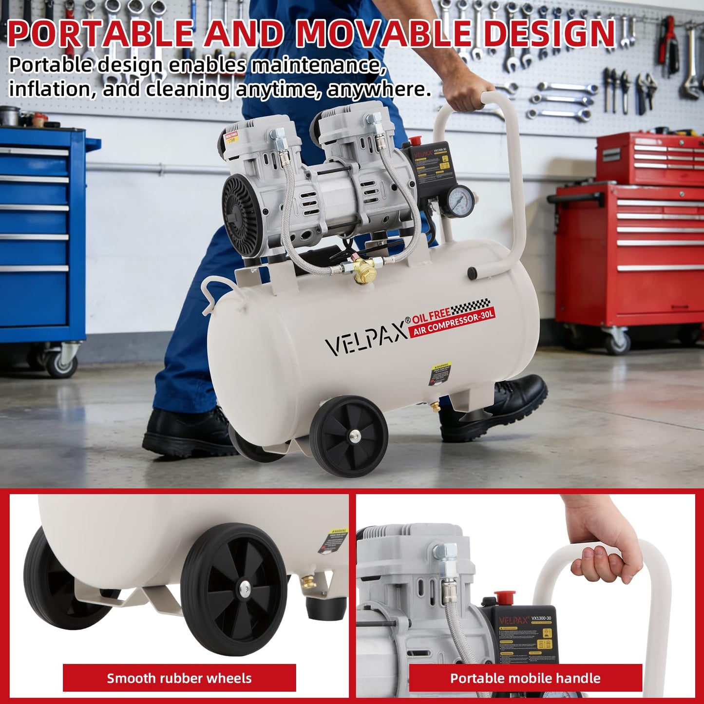 Ultra Quiet Air Compressor, Only 68dB, 8 Gallon Tank, Oil-Free, 110V/60Hz 1.75HP, 7.42CFM@115PSI, Air Compressor Perfect for Spray Painting, Auto Repair, Tire inflation, Woodwork nailing