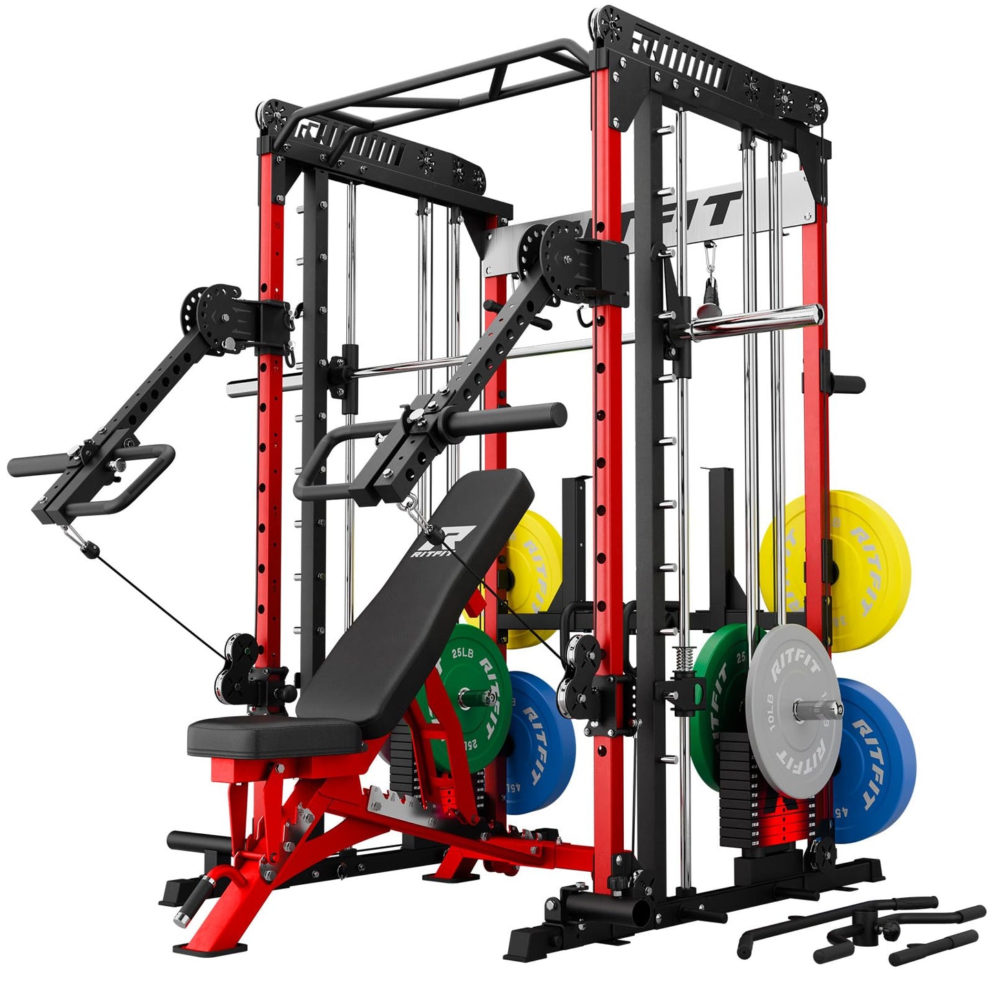 RitFit M1 Pro Smith Machine with LAM1 Adjustable Lever Arm Attachment, All-in-One Power Cage, Power Rack with LAT Pulldown & Cable Crossover System for Home Gym(Red with Weight Stack,CP230)