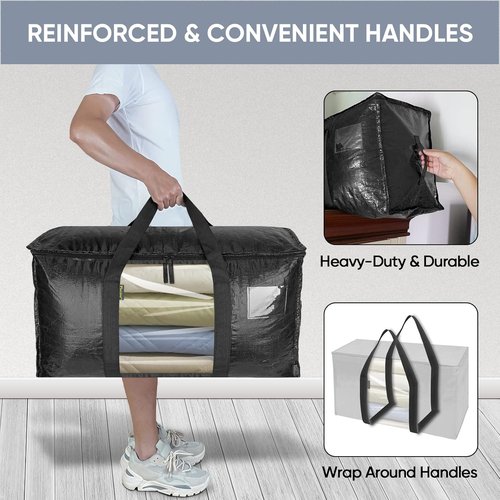 BALEINE Oversized Moving Bags - Heavy-Duty Storage Totes with Reinforced Handles | Black w/Window, 2-Pack