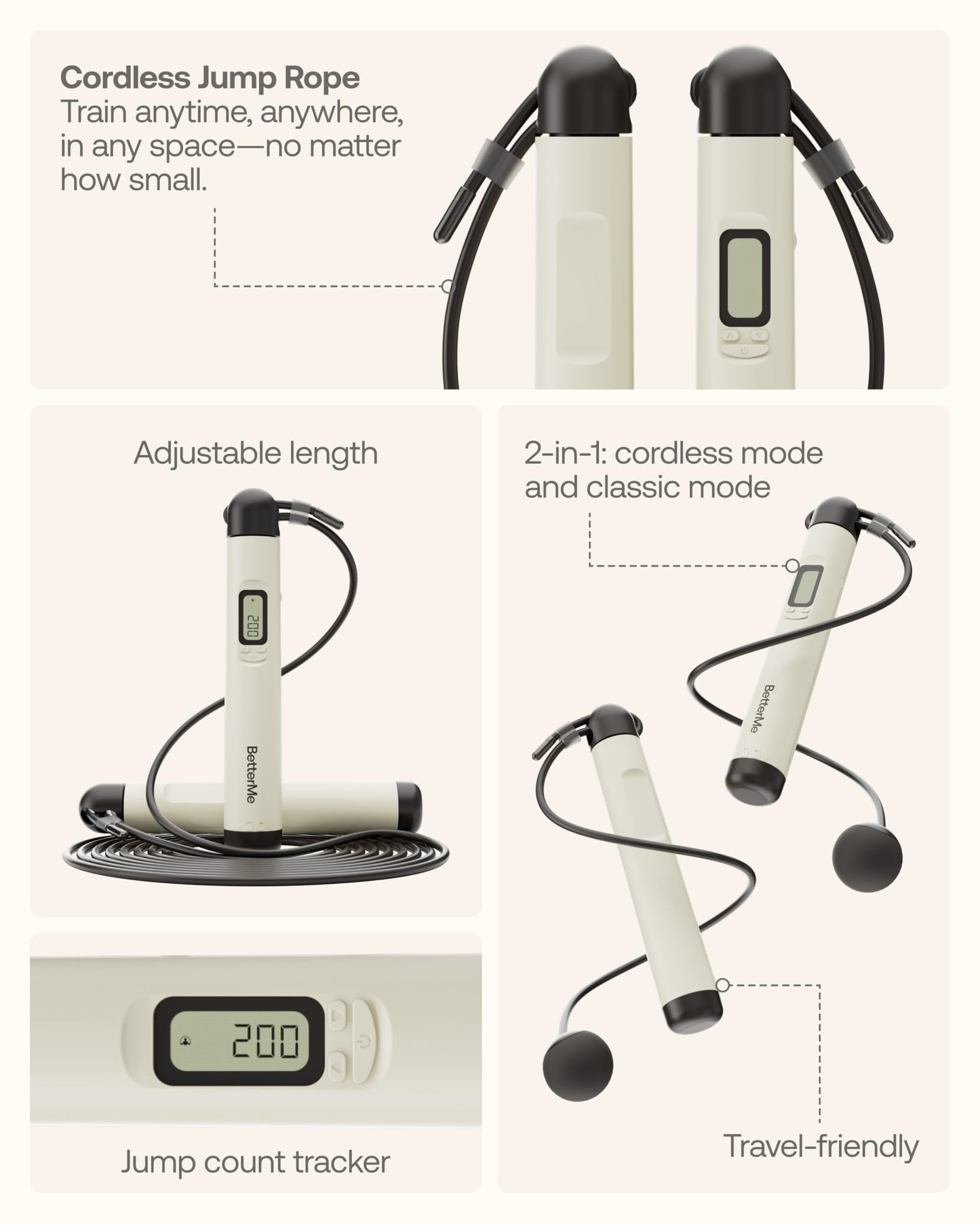 BetterMe Cordless Jump Rope with Counter - Tracks Jump Count & Workout Duration - Height Adjustable Jump Rope for Women and Men - Cordless Indoor Workout