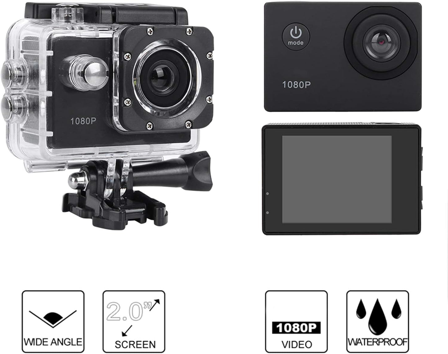 ASHATA A7 1080P 2.0in 30m 140 900mAh Action Camera Camcorder, HD, Screen, Waterproof, Wide Angle, Battery, Black