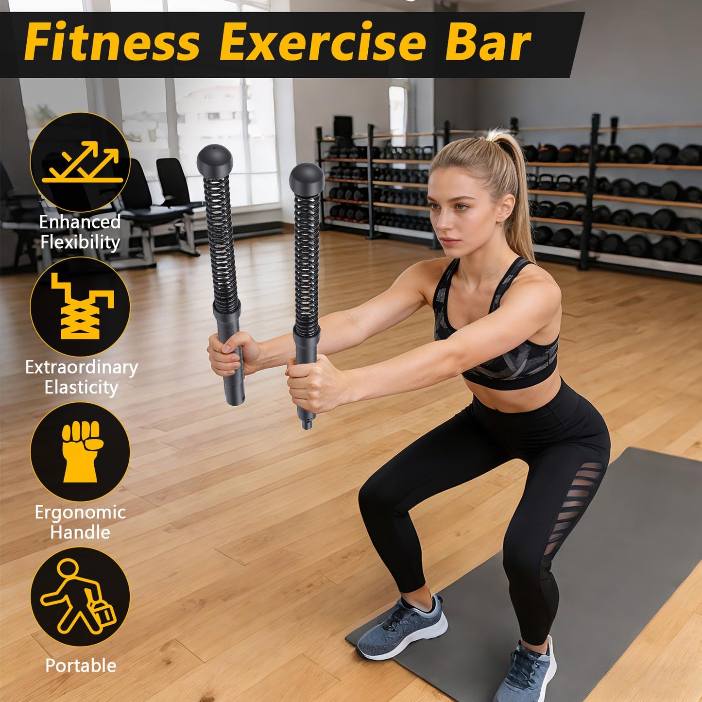 Fitness Exercise Bar, 2in1 Functional Shoulder Exercise Equipment, Workout Bar Elastic Fitness Stick for Pilates Sports Arm Muscles Strength (Black)