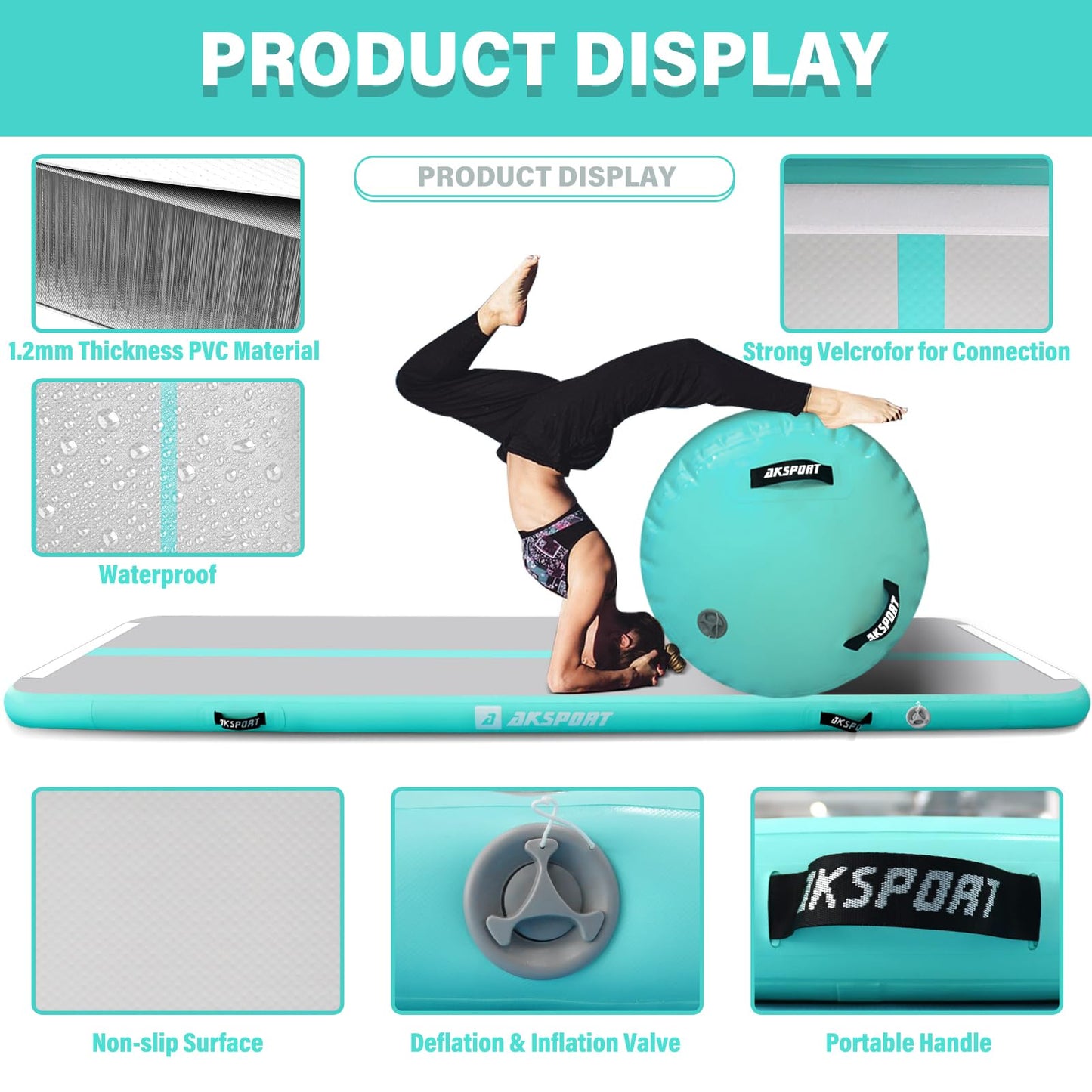 AKSPORT Inflatable Gymnastics Mat with Air Barrel Gymnastics Roller for Back Tumbling/Yoga/Cheerleading/Back Walkovers,with Air Pump