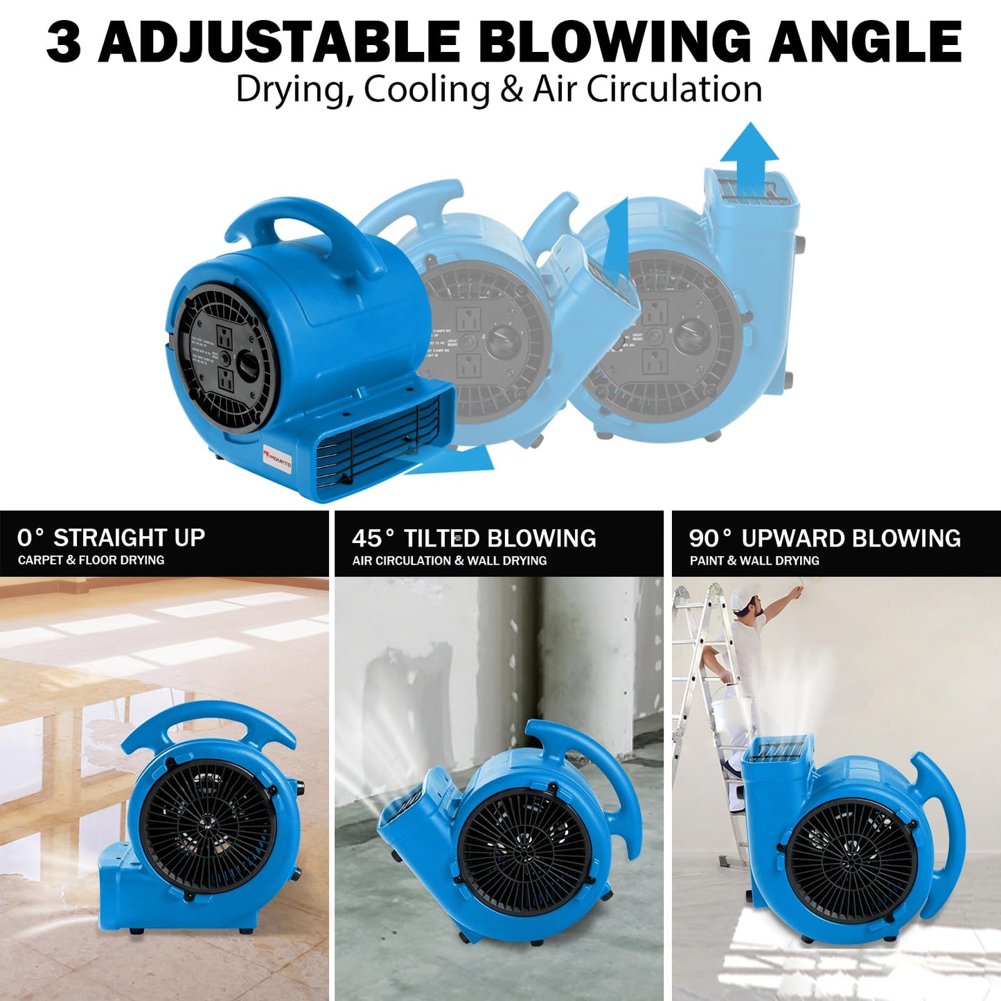 MOUNTO 1/5hp Air Mover 800cfm Blower Fan Carpet Floor Drying Fan - 3-Speed Compact Air Mover w/Dual Outlet, 10ft Power Cord for Drying, Cooling, Air Circulation (Blue)