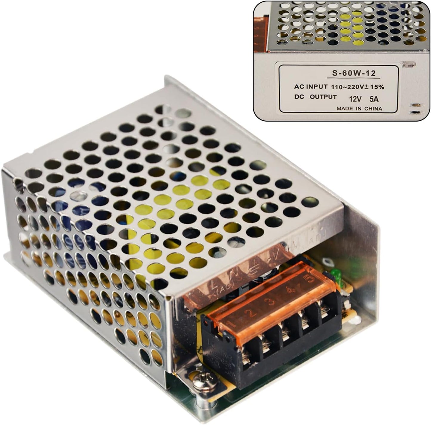 Flylin 12V 5A 60W 110 12V, Power Supply Adapter, Universal Regulated Switching Power Converter Adapter Transformer AC