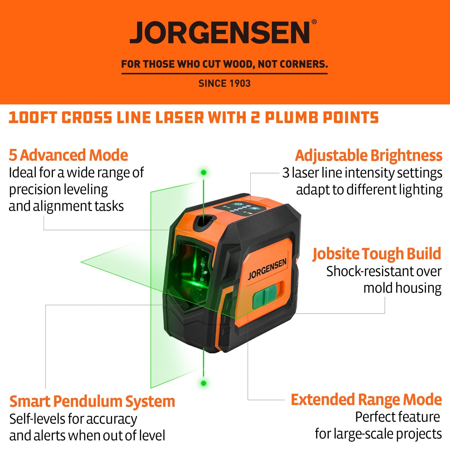 JORGENSEN Laser Level with Tripod & 2 Plumb Dots, 100 FT Self Leveling Point Cross Line Laser Leveler Tool, Wide Angle Green Laser Level for Picture Hanging, Indoor Project, Construction, Carry Bag