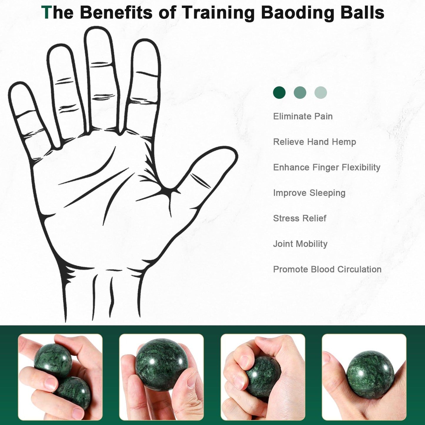 Learay 2Pcs Baoding Balls, Baoding Balls for Hand Therapy, Chinese Health Exercise Massage Balls with Carry Pouch for Stress Relief Meditation Ball(Green/1.57 inch)