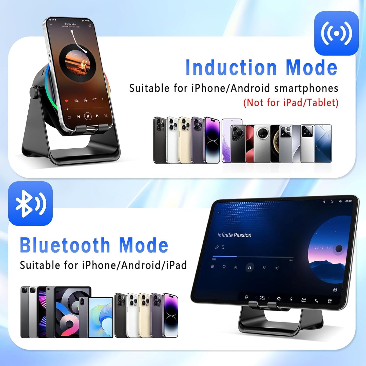 TEFELE 5-in-1 360 Wireless Induction Speaker, Bluetooth Speaker with Phone Holder, Rotation & RGB Lights, HD Stereo