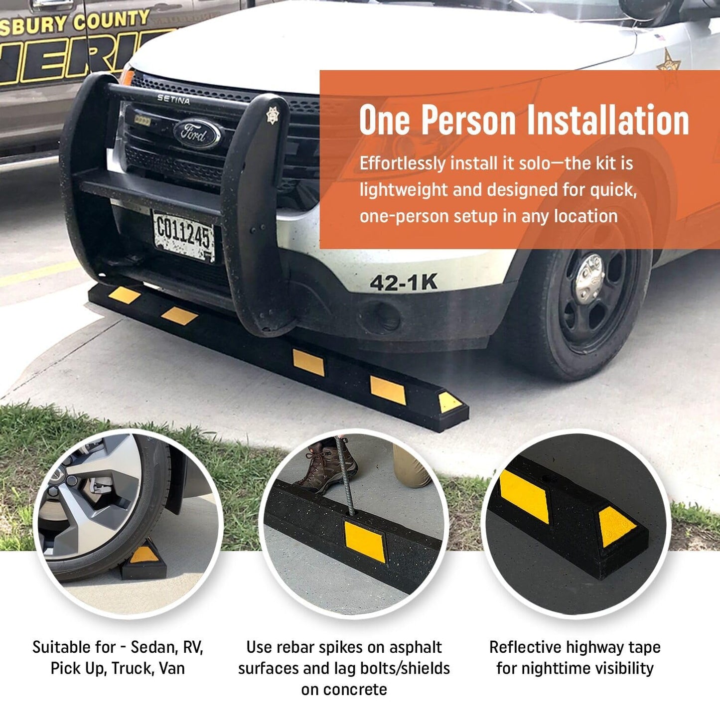 SmartSign Rubber Parking Curb, (Pack of 10) Heavy Duty Parking Stops with Yellow Reflective Stripe Chevrons, 72" Long (6ft), Wheel Stops for Parking Lots/Garage/Cars/Trucks, Pre-Drilled Holes