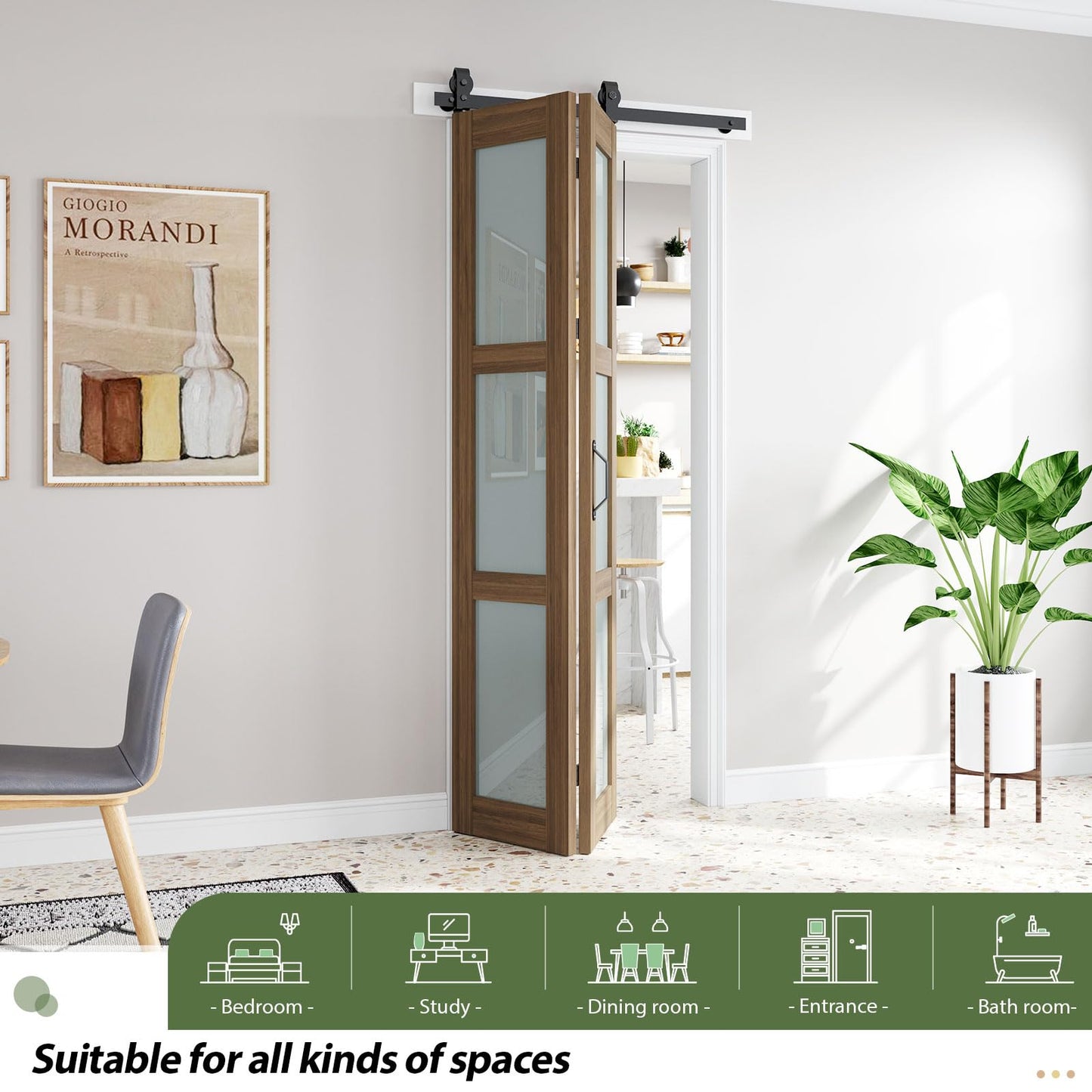 FREDBECK Bifold Barn Door 36X84(Double 18x84),3 Panels Glass with Hardware Kit Included, Modren,Water-Proof PVC Surface for Bathroom,Assembly Required