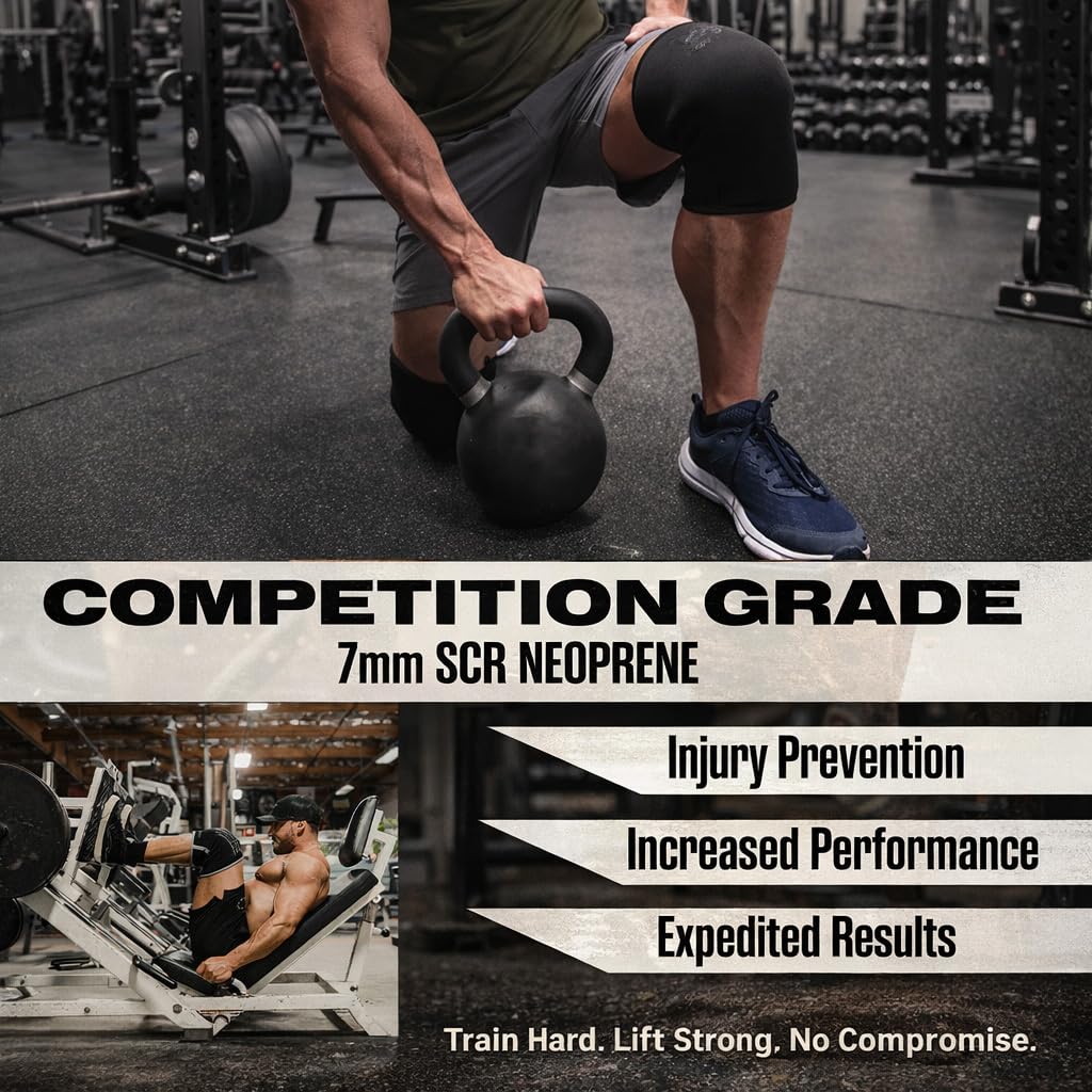 Knee Sleeves for Weightlifting & Powerlifting (7mm Pair) For Men & Women - Knee Wraps for Weight Lifting, Squats, Fitness, Gym Workout, Crossfit - IPF Approved Knee Compression Sleeve Support