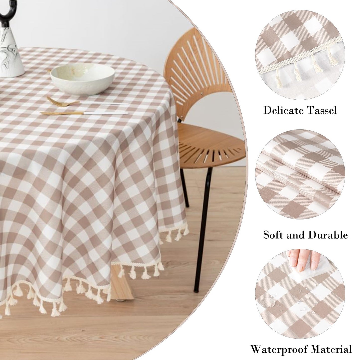 Rakila Polyester Checkered 48 Inch Round Tablecloth with Handmade Tassel Waterproof Wrinkle Free Table Cover for Kitchen Party Outdoor, Khaki Style 1