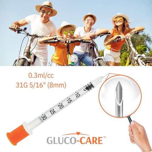GLUCO-CARE 31G x 5/16’’ Syringes - 0.3 ml/cc, Orange Cap, Box of 100 for Precision Dosing