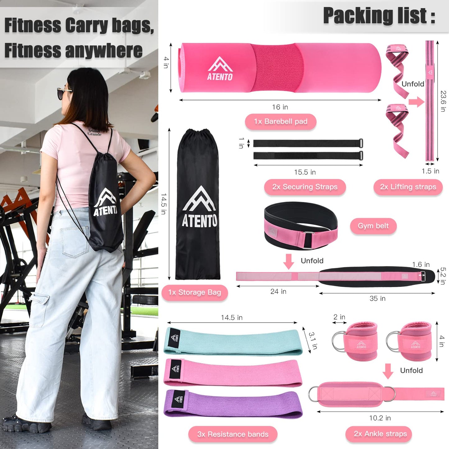 ATENTO 10 Pcs Barbell Pad Set, Hip Thrust Pad for Bench Press, Lunges, Workout, Leg Exercise, Squat Bar Pad (Pink)