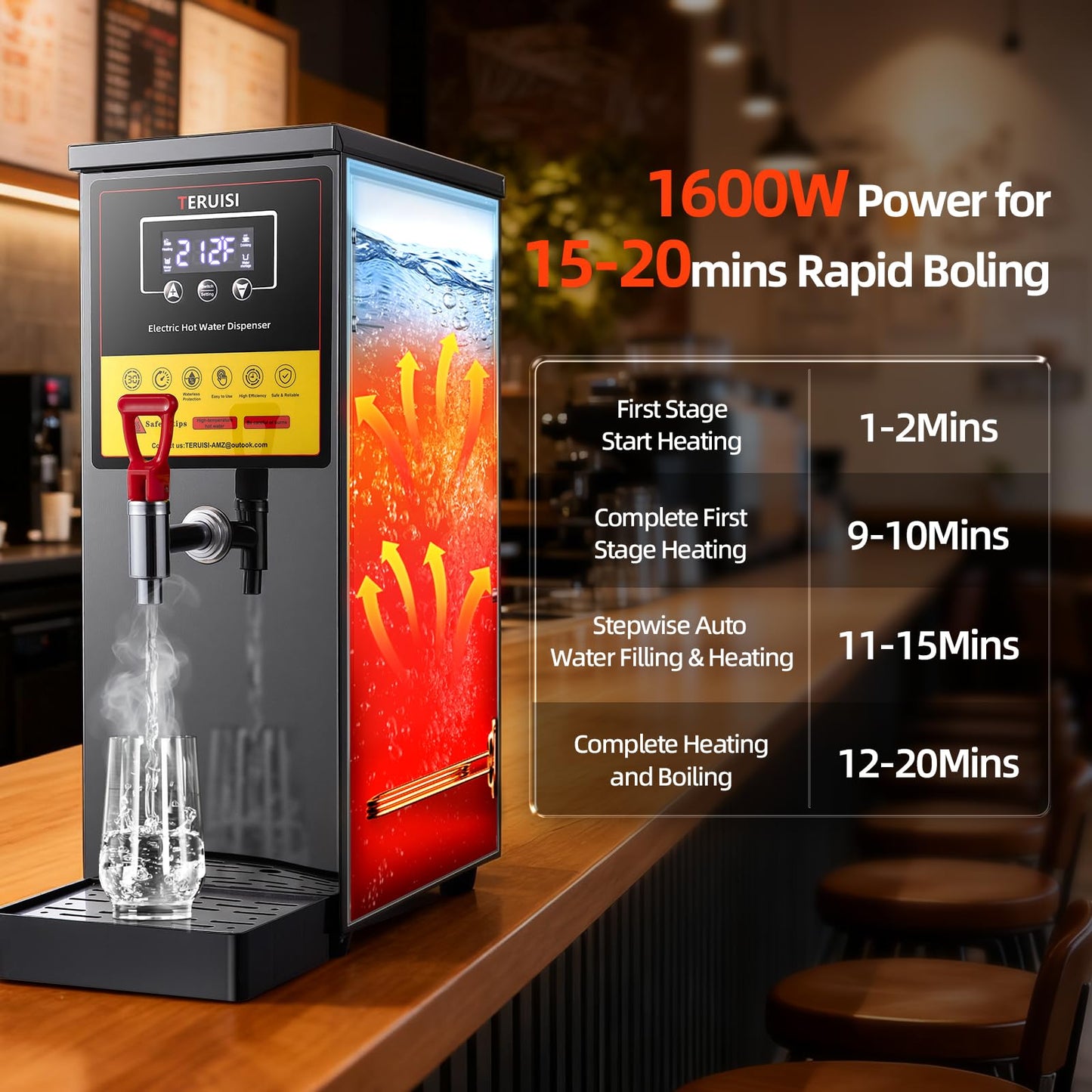 TERUISI Commercial Hot Water Dispenser, 1600W Electric Water Boiler Countertop, 30L(8Gal)/H Step-Heating Stainless Steel Water Dispenser with 86°F-212°F Temperature Control for Office Bars Hotel, 8L