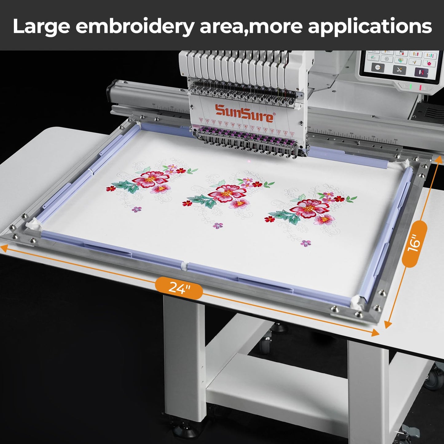 SUNSURE 15-Needle Super Silent Commercial Embroidery Machine, 24″ x 16″ Large Embroidery Area, 1200 SPM Speed, 12 inch Touchscreen, 3D&2D Cap,flat System Included, Pattern Free Design Support