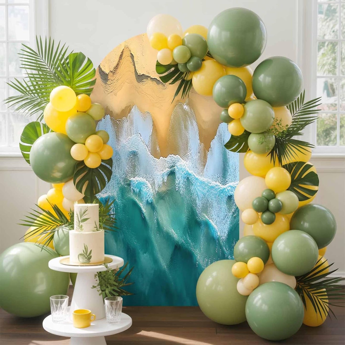 Jnbasdffb 6.6 Blue Coastal Wedding Arch Cover,Stretchy Spandex Arch Backdrop Stand Covers FT,Yellow Beach Ocean Modern