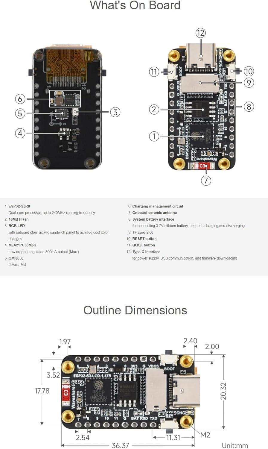 XYGStudy ESP32-S3 1.47inch 172320 262K 2.4GHz 5, 240MHz LX7 (ESP32-S3-LCD-1.47B-M) LCD Display Development Board Type