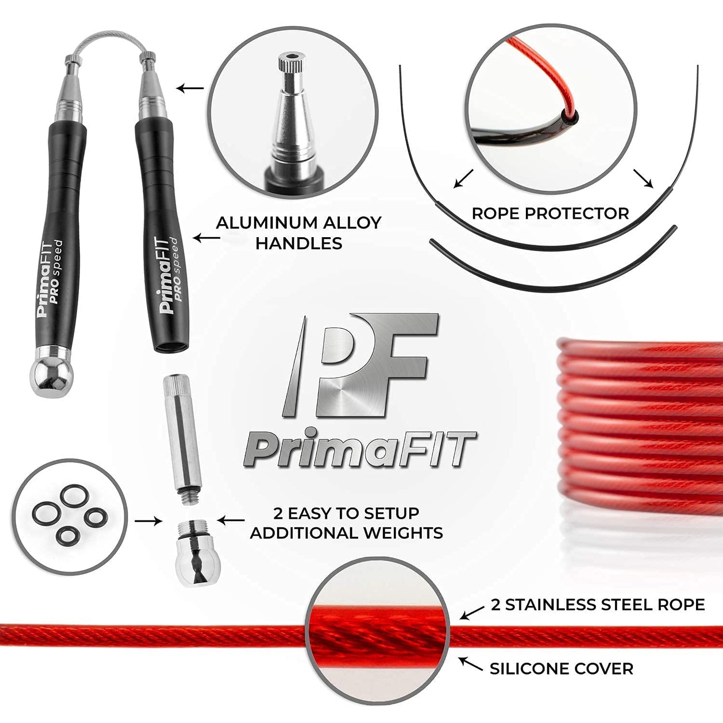 PrimaFIT Jump Rope Pro Speed Skipping Rope Adjustable Adult Jumping Rope Weighted Aluminium Handles for Double Dutch Boxing Workout Crossfit Exercise Fitness Spare Cable Weights Protectors Carry Bag