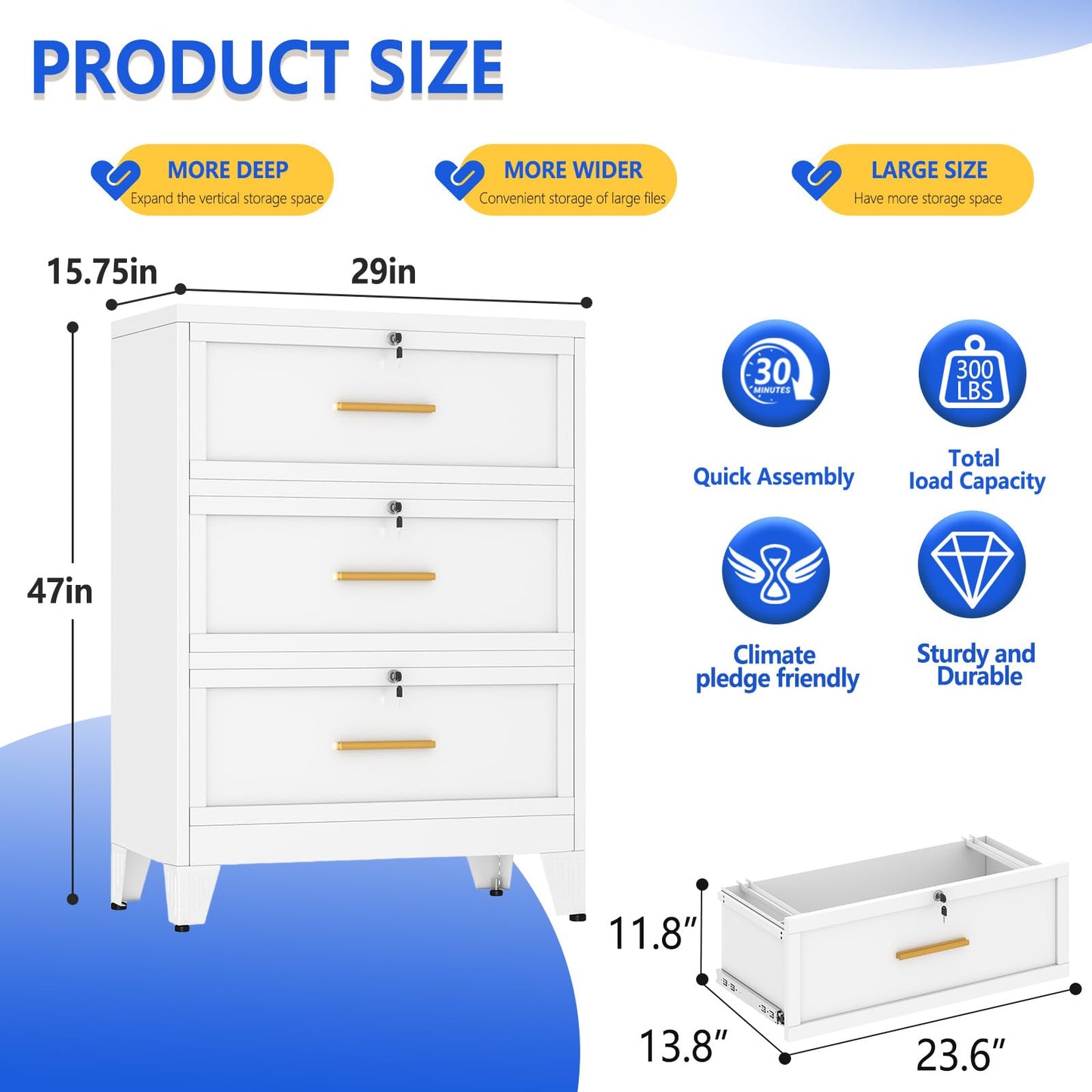 GAIOUS 3 Drawer File Cabinet with Lock, Metal Lateral Filing Storage Cabinet for Office Home, Steel Vertical File Cabinets for A4 Letter Size Documents, White Locking File Drawer, Assembly Required