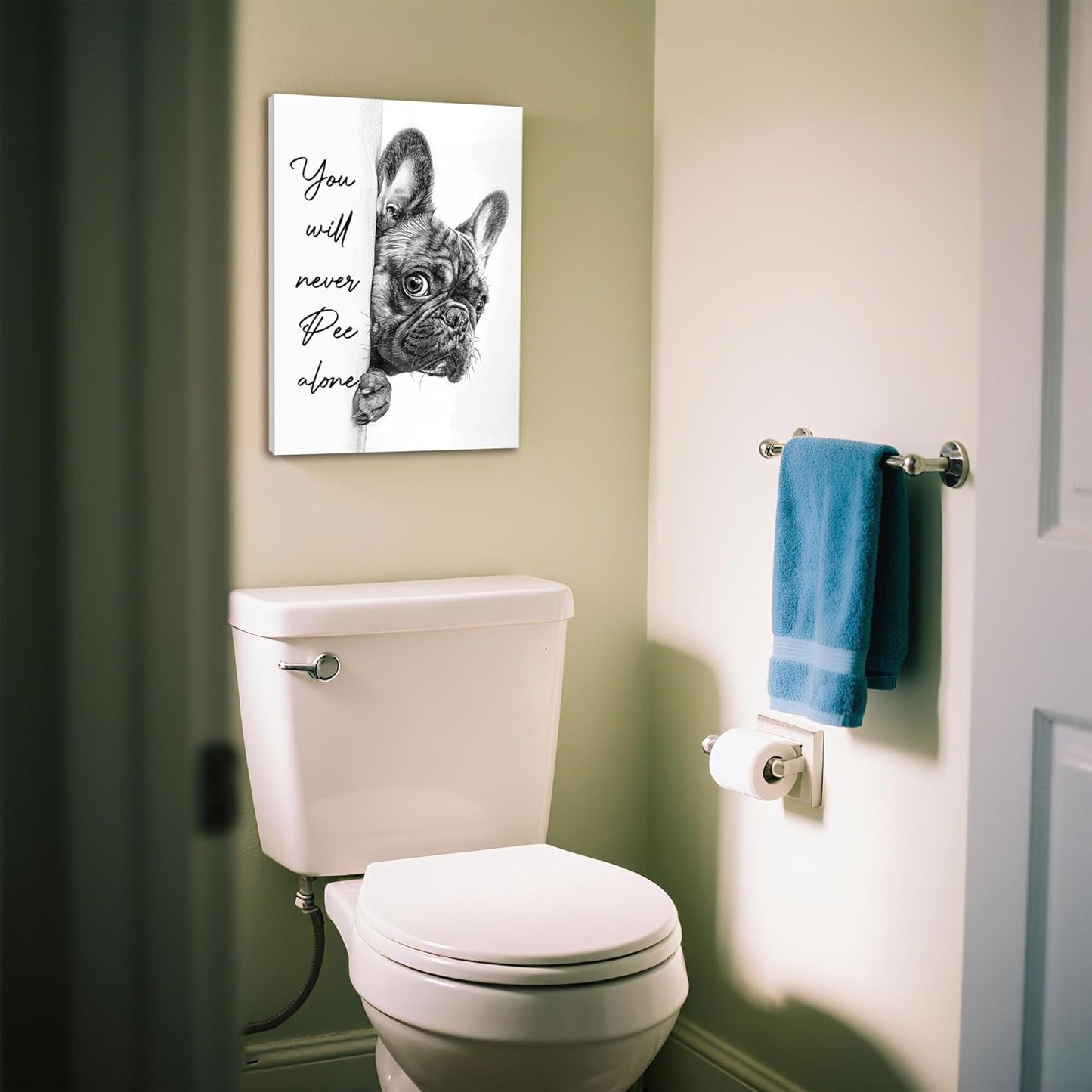 Ovczax Black And White Bathroom Canvas Wall Art - Funny French Bulldog Sign | 16" x 12" Home Decor