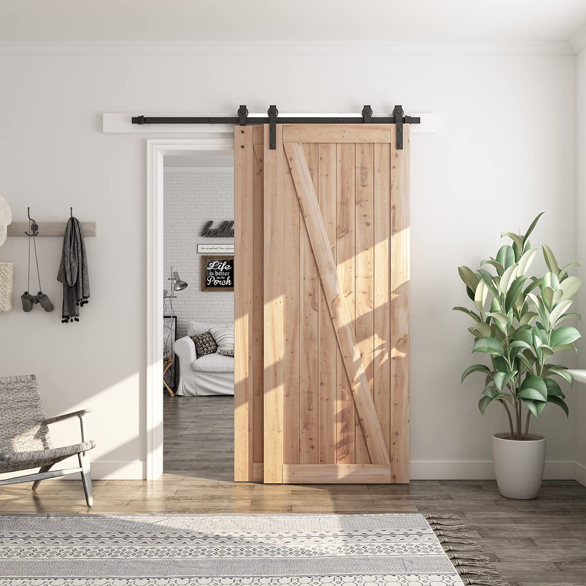 SMARTSTANDARD 6 Feet Bypass Sliding Barn Door Hardware Kit - for Double Wooden Doors-Single Track - Smoothly & Quietly - Easy to Install-Fit 60" Opening