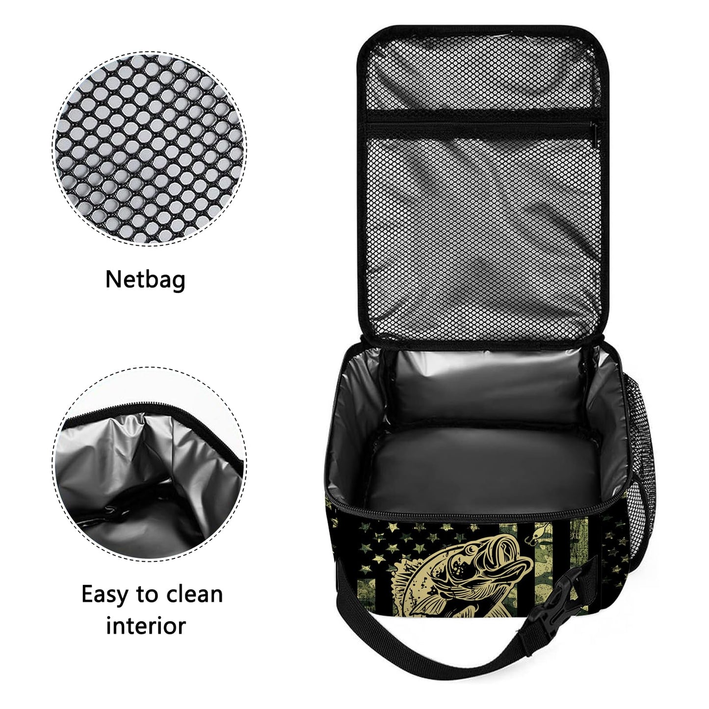 DOINBEE Camo Bass American Flag Lunch Box, Army Green Camouflage USA Flag Bass Fishing Bait Lunch Bag for Men Women Kids Boys Girls, Camo Fish Insulated Lunchbox Portable Thermal Cooler Tote Bag
