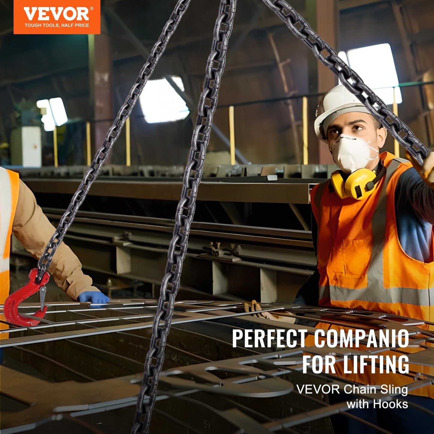 VEVOR Chain Sling, 3/8 inch x 10 ft Lifting Chains with Hooks, G80 Engine Chain Hoist Lifts, 18400 lbs/8 Ton Lifting Sling Chains for Engine Hoist, Engine Lift Chain with 4 Leg Grab Hooks & Adjusters
