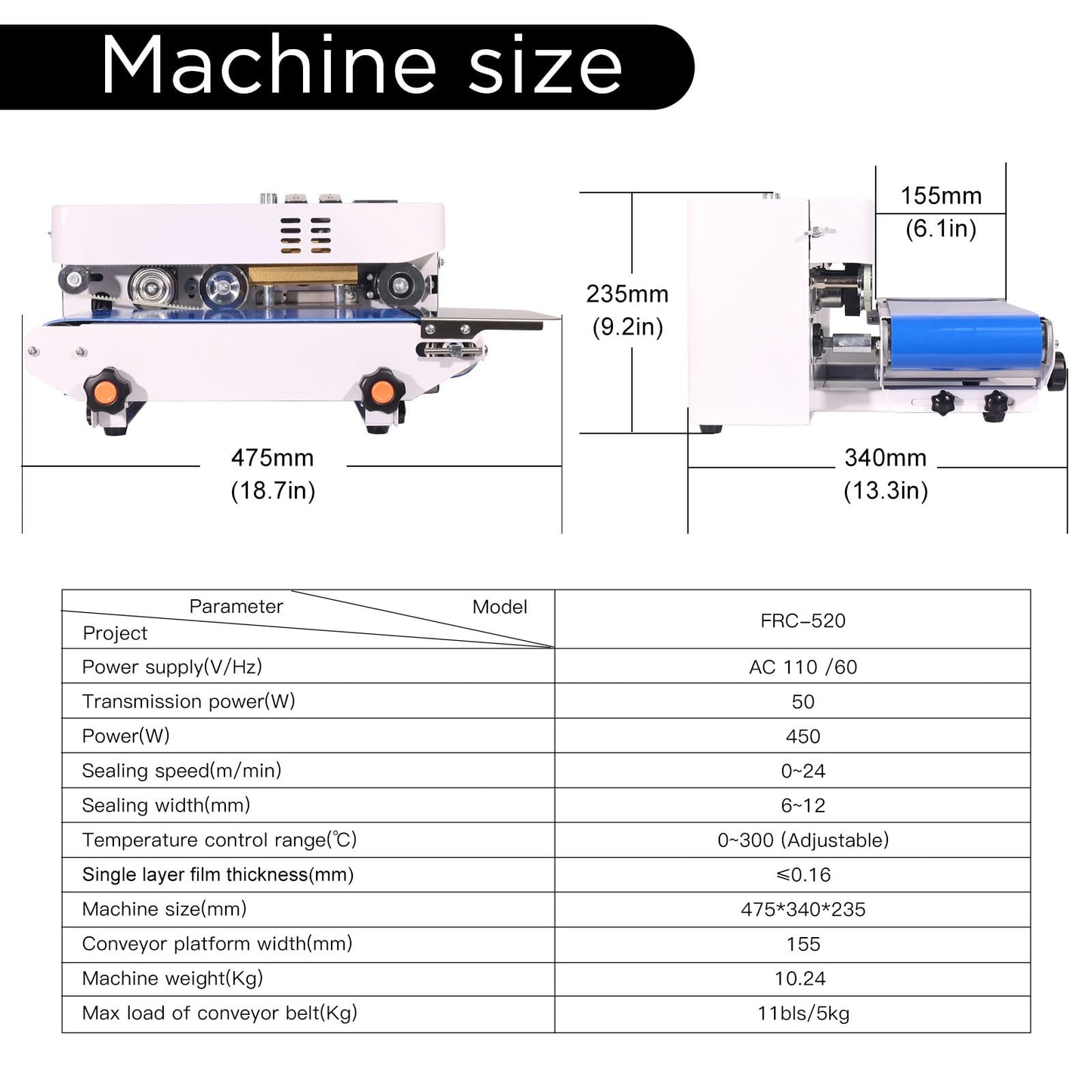 ZHONGMIN Commercial Heat Sealer Machine, Automatic Continuous Bag Band Sealing Machine with Digital Temp Control, Adjustable Speed, Desktop Bag Sealer for Plastic Bags Films (110V/60HZ)(FRC-520)