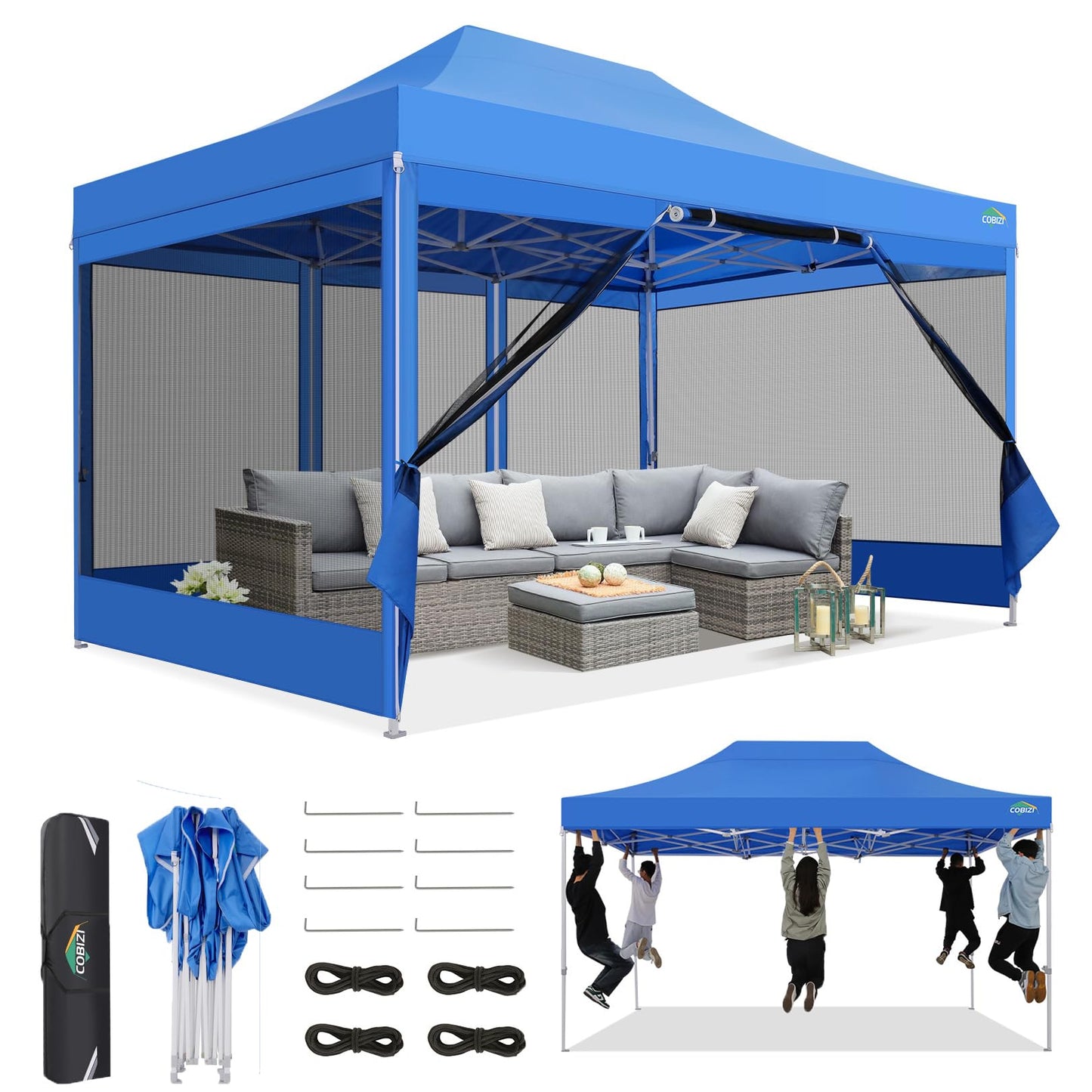 COBIZI 10x15 Canopy Tent, Heavy Duty Pop up Canopy with Sidewalls, Waterproof Easy Setup Canopy with Mosquito Netting, Outdoor Instant Screen Tents for Parties, Wedding, Backyard with Carry Bag, Blue