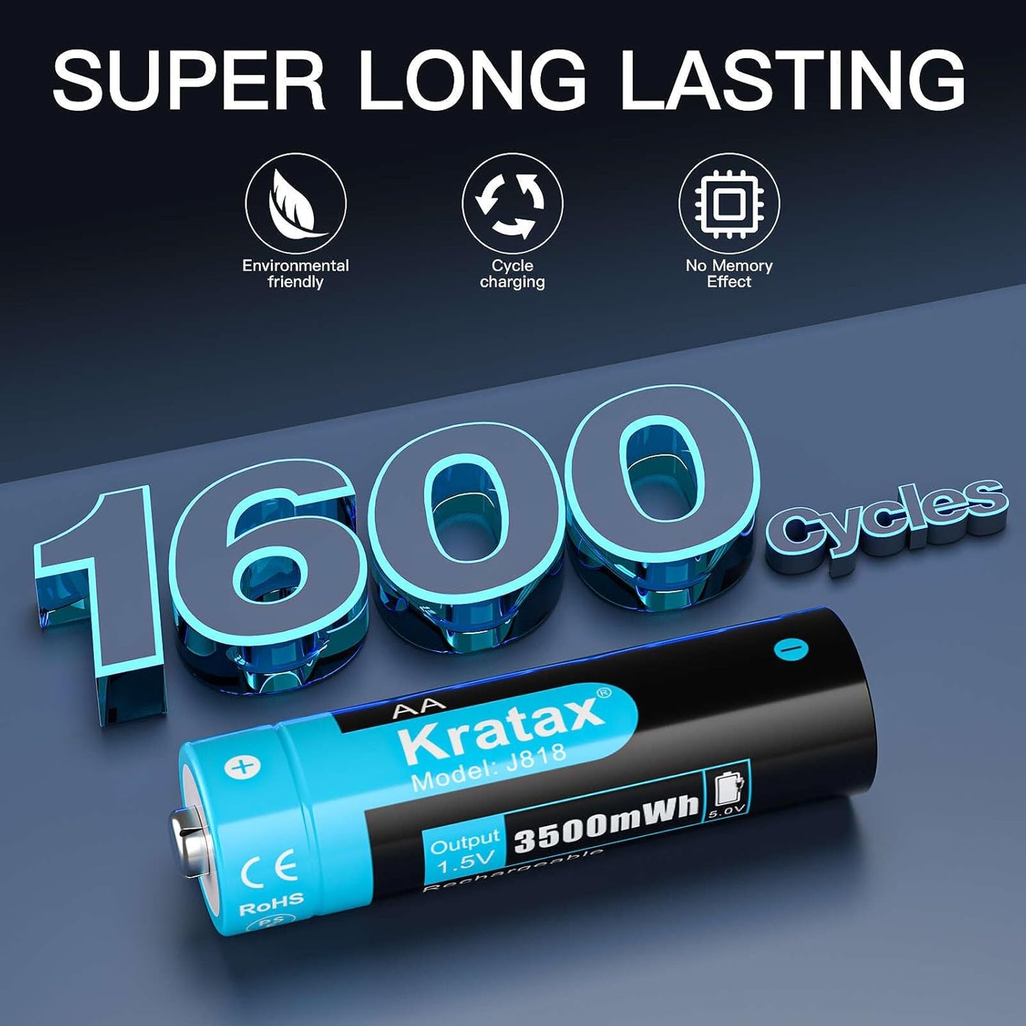 Kratax 8 Pack 3500mWh 1.5v 2.5h 1600 Rechargeable AA Lithium Batteries, high Capacity Double A li-ion Battery
