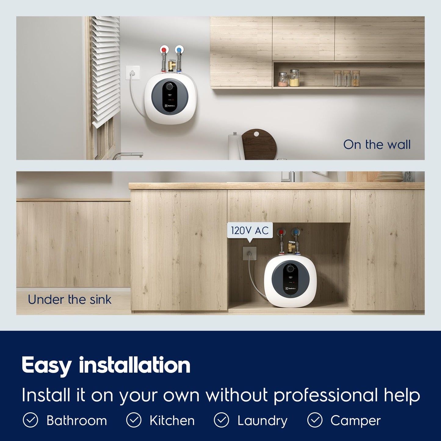 Electrolux 2026 Early Release Mini Tank Water Heater Electric, 2.5 Gallon Under Sink Water Heater for Point of Use On Demand Hot Water, Shelf Wall or Floor Mounted