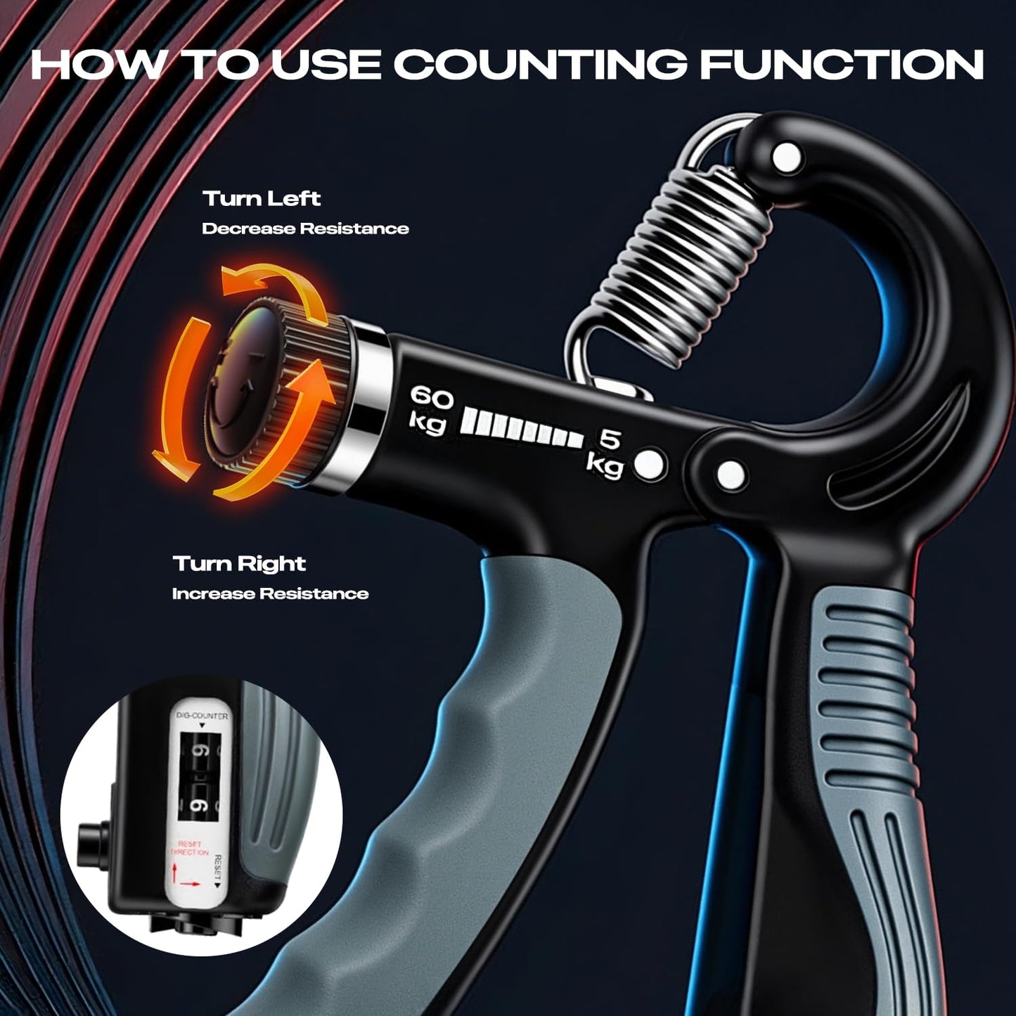 JTHEW Grip Strength Trainer - Adjustable Resistance 11-132lbs/5-60kg Hand Gripper & Forearm Strengthener Device with Smart Counter for Sports & Rehab (black grey, 5-60kg)