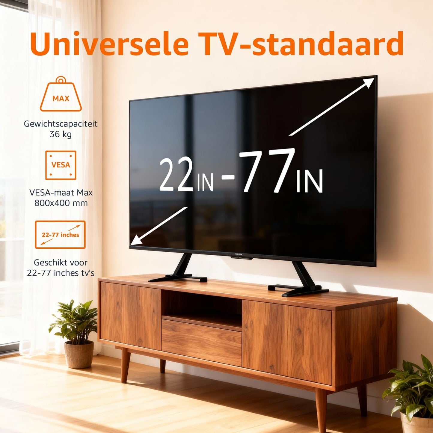 Amazon Basics 77 inch, 80 lbs, Universal TV Stand, Height Adjustable for TVs up to Compatible with Soundbars, Holds up