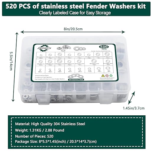 Fender Washers, 520 Pcs SAE + Metric 23 Sizes Flat Washers Assortment Set, 304 Stainless Steel Assorted Hardware Washers Kit for Bolts (M3 M4 M5 M6 M8 M10 M12 6# 8# 10# 1/4 5/16 3/8 1/2)