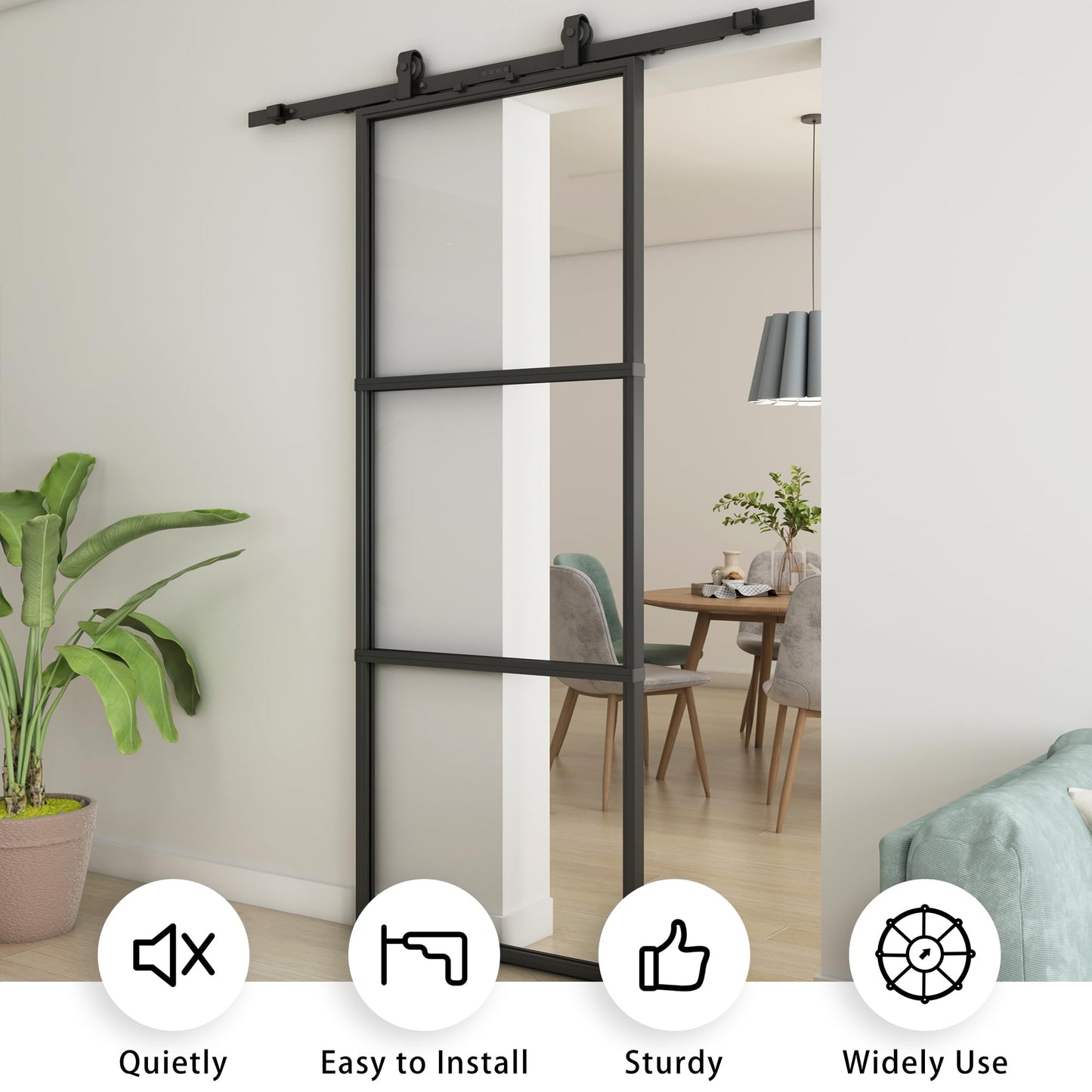 JUBEST 36in x 84in Glass Barn Door, Clear Tempered Glass Carbon Steel Pre Drilled Frame Sliding Barn Door Panel with 6FT Hardware Kit and Soft Close, Easy to Install