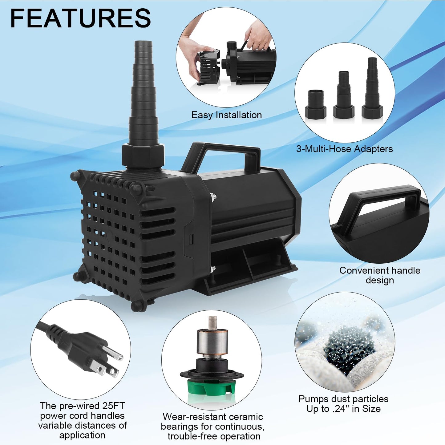 BARST 5500GPH Submersible Water Pump UL Certified Pond Pump with 25FT Cord, 460W High Flow Water Fountain Pump Waterfall Pump For Outdoor Ponds,Fountain, Waterfall, Koi Pond