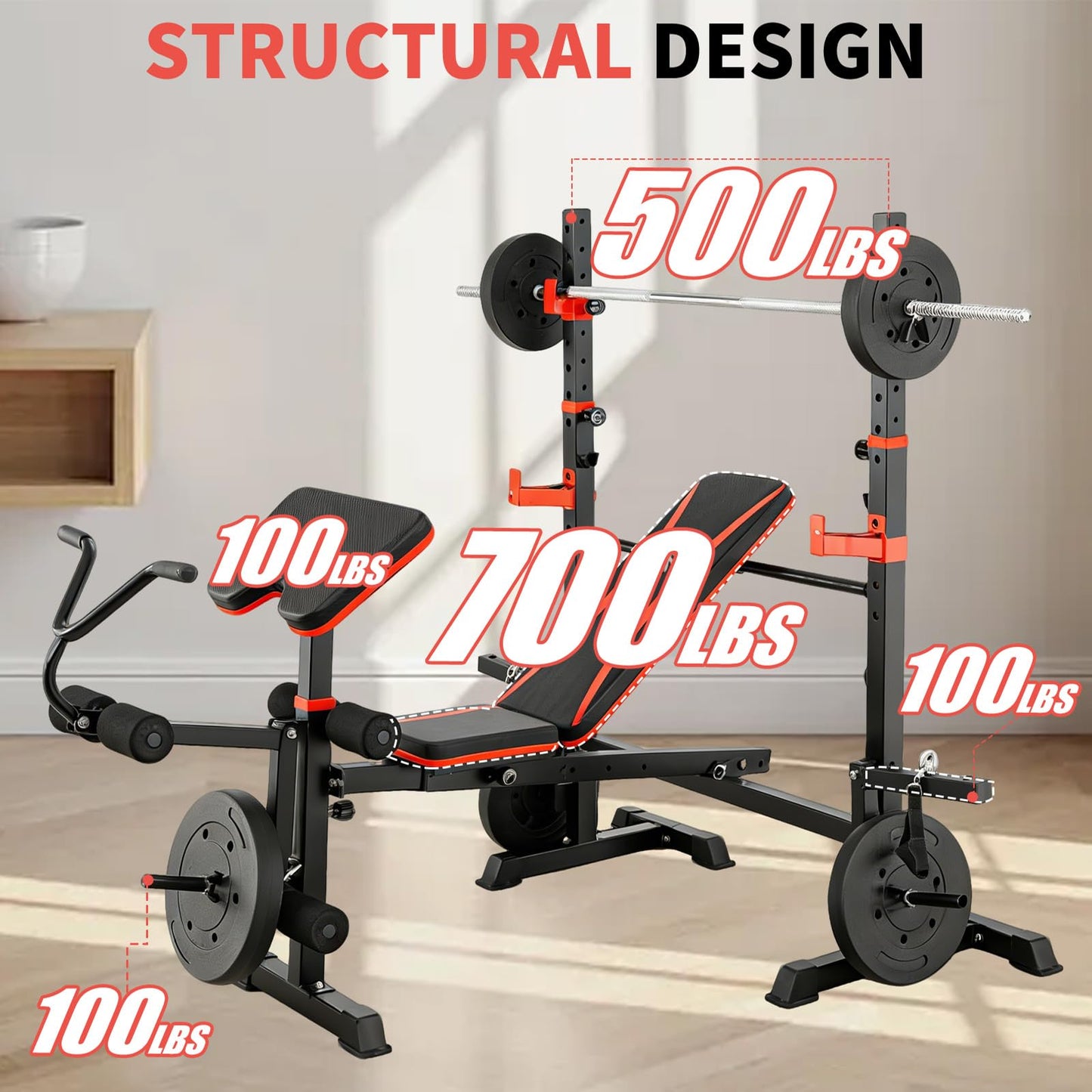 1500LBS 6 in 1 Weight Bench Set with Leg Extension/Curl and Preacher Curl, Bench Press Set and barbell Rack with Safety Bar Catches, Foldable Workout Benches for Home(US Stock)