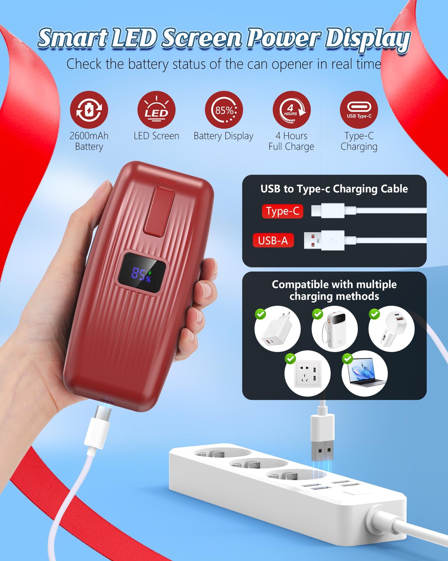 HuiJuKeJi Countertop Electric Can Opener, Rechargeable Automatic Can Opener LED Display Fit Almost Sizes, One-Touch Can Opener Electric Kitchen Gadget for Seniors Smooth Edge, Food Safety Camping