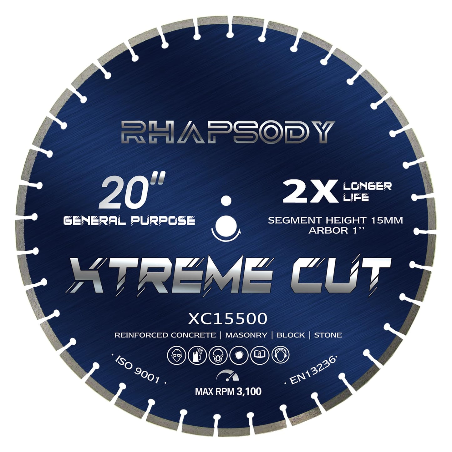 RHAPSODY 20 Inch Diamond Concrete Saw Blade, Segmented General Purpose Blade Dry/Wet Cutting Concrete, Reinforced Concrete, Masonry, Brick, Block,1" Arbor