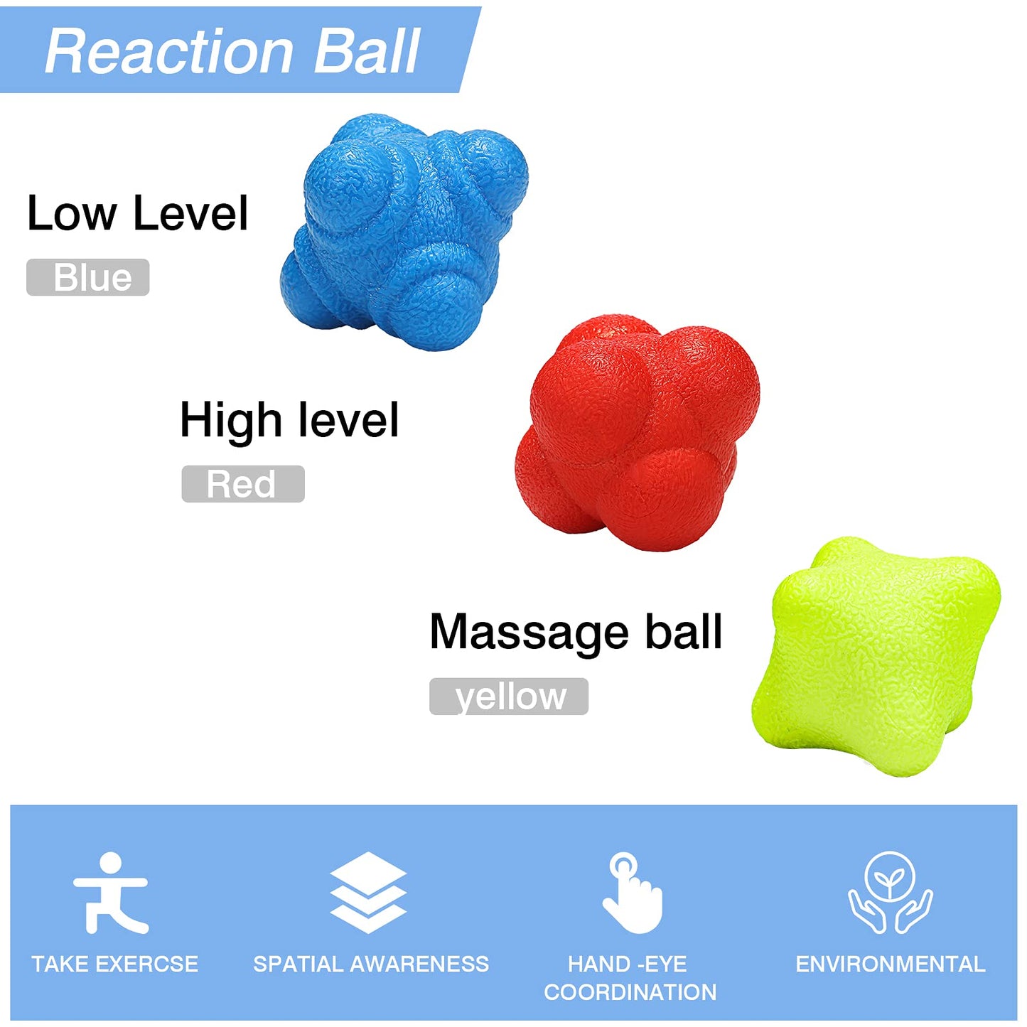 3 Pcs Reaction Ball Rubber Reflex Ball for Hand Eye Coordination Training Bounce Reaction Balls Different Level Reaction Training Ball for Agility Training Equipment Reflex Speed, Blue, Red, Yellow