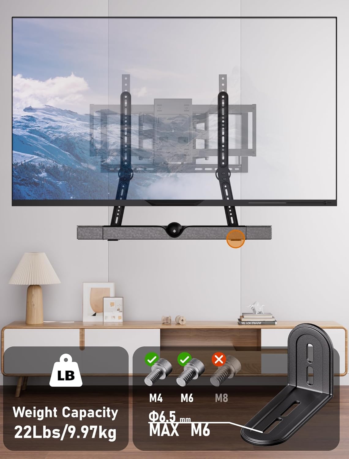 KAMIWI 22 Lbs 180 Soundbar Mounts Under TV, Max Load Sound Bar Mount Bracket Holder with Adjustable Extension Plates