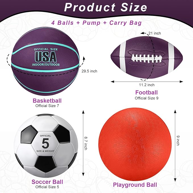 Lenwen 4 Pcs Sports Balls Set, Include Official Size Basketball Soccer Football Playground Ball Pump Equipment Bag for Teen Adult Gift Operation Christmas Ball Gifts
