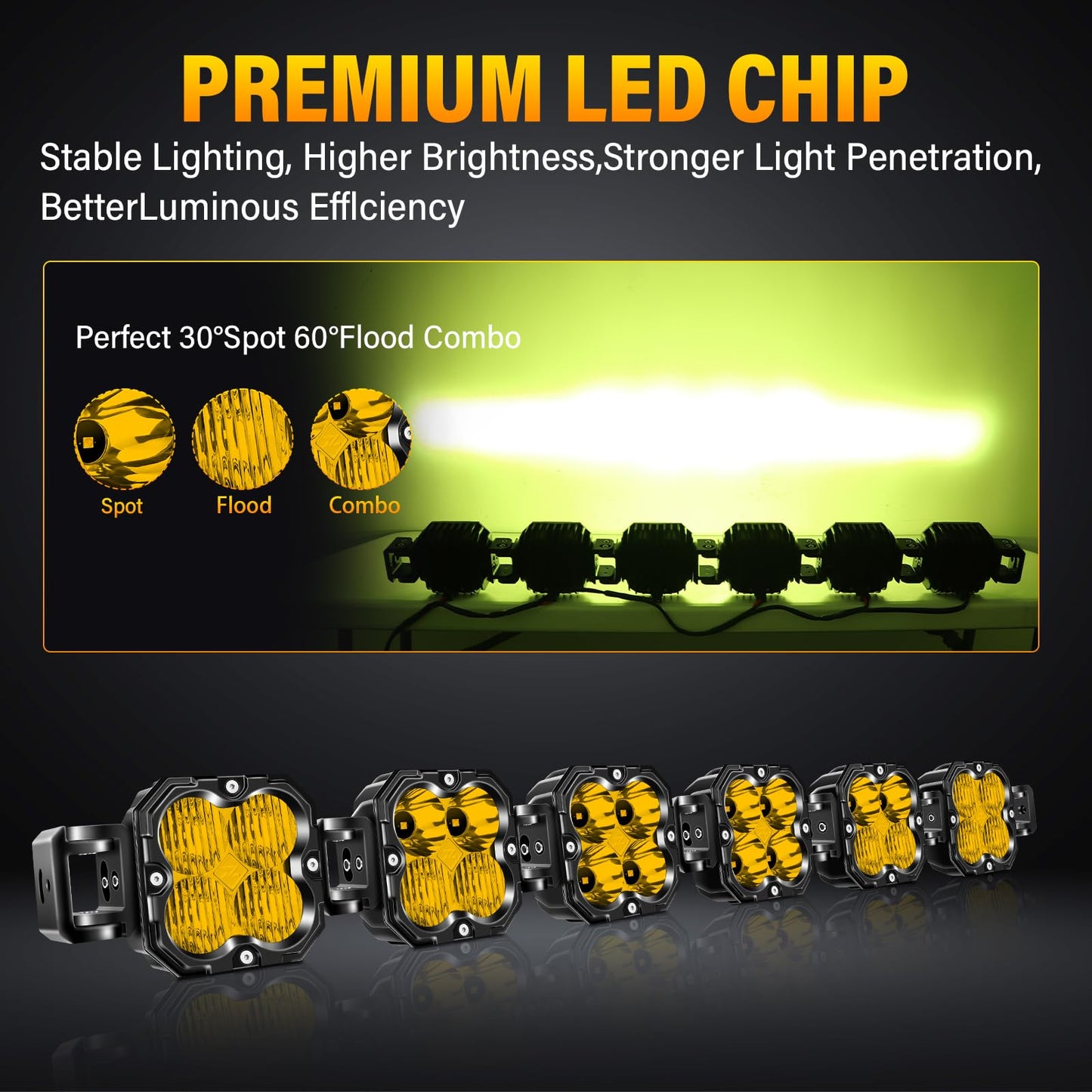 SKYWORLD 6 Pcs Yellow Cube LED Pod Light, 4 Inch 30W Spot Flood Combo Beam Work Lights,3530K Car Off-Road Driving Lamp for ATV, UTV, 4x4, Tractor,Truck,Motorcycle
