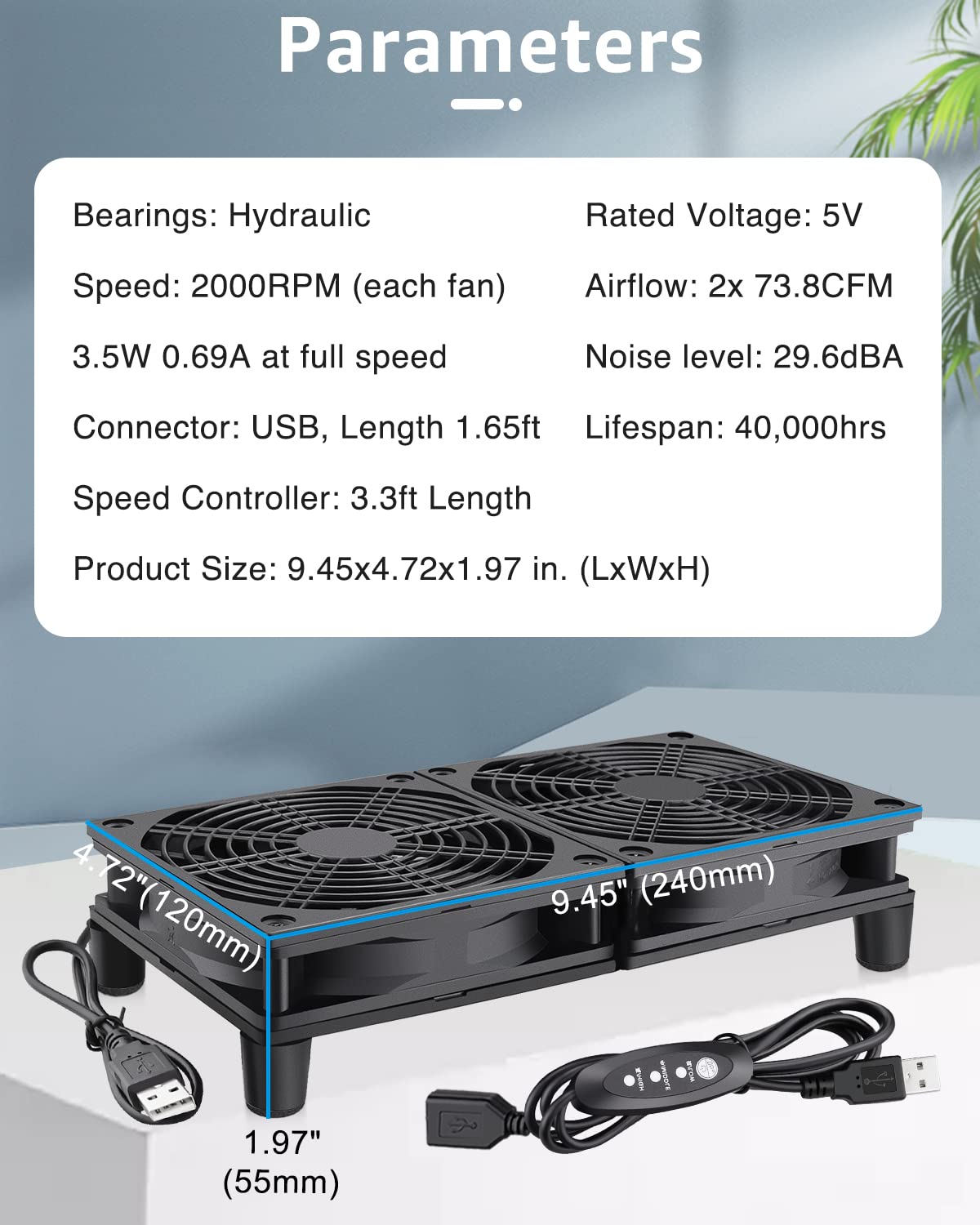 3 5V 120mm GDSTIME Quiet Router Fan Cooler with Speed Control, L/M/H, DC USB Powered Dual Computer Cooling Case Fan