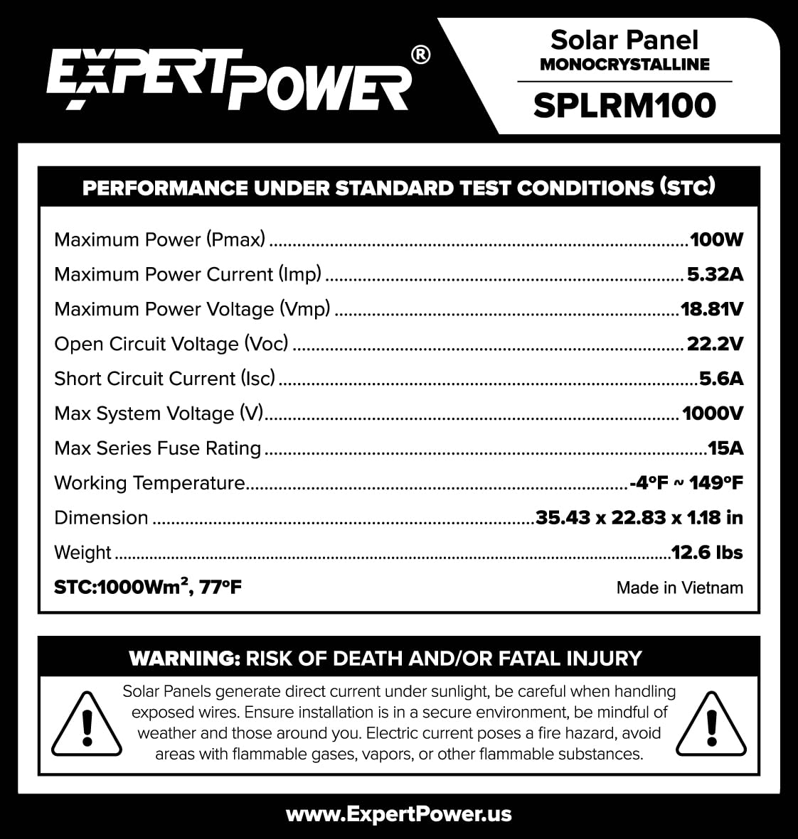 ExpertPower 100 Watt 12 Volt Monocrystalline Solar Panel, Compact Design 35.43 x 22.83 x 1.18 in, High Efficiency Module PV Power for Battery Charging Boat, Caravan, RV, Off Grid Applications