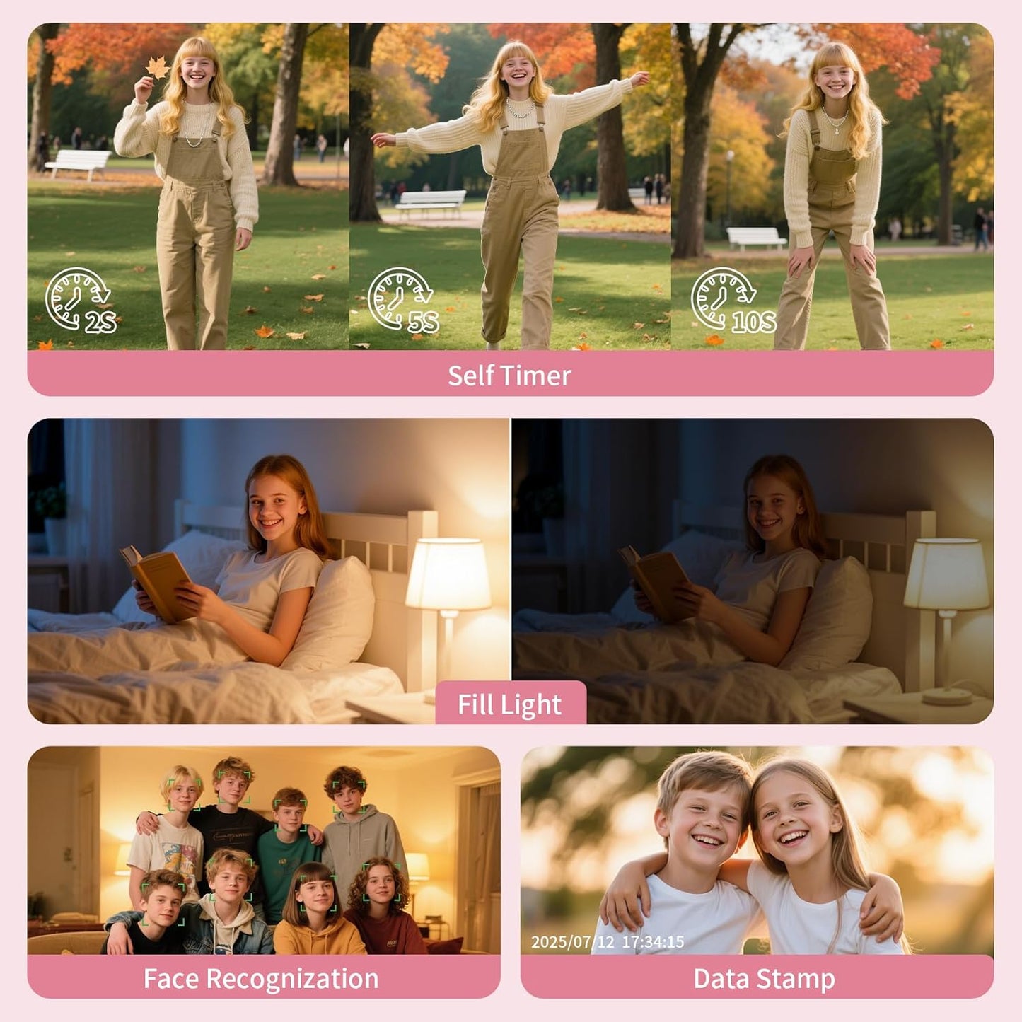Basdecm 4K 50MP -16X 6 7 8 9 10 Digital Camera for Kids: Pink Camera for Photography Zoom Anti-Shake, Date Stamp