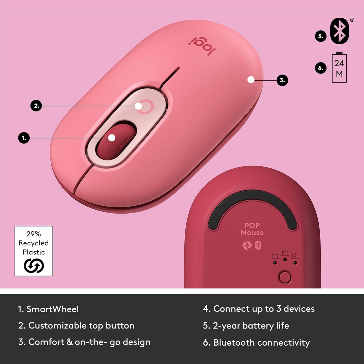 Logitech POP Mouse, Wireless Mouse with Customizable Emojis, SilentTouch Technology, Precision/Speed Scroll, Compact