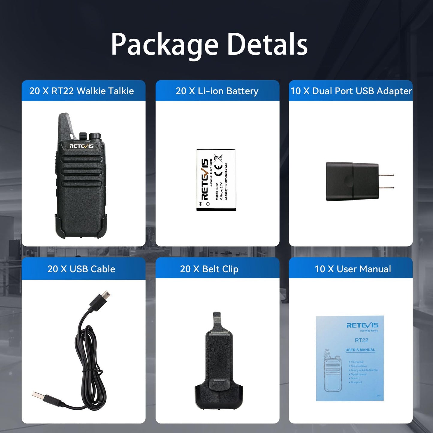 Retevis RT22 Walkie Talkies Mini, Rechargeable Two Way Radio Long Range, 2 Way Radio Small, Portable VOX, for Business Commercial Work School Church Restaurant (20 Pack,Black)