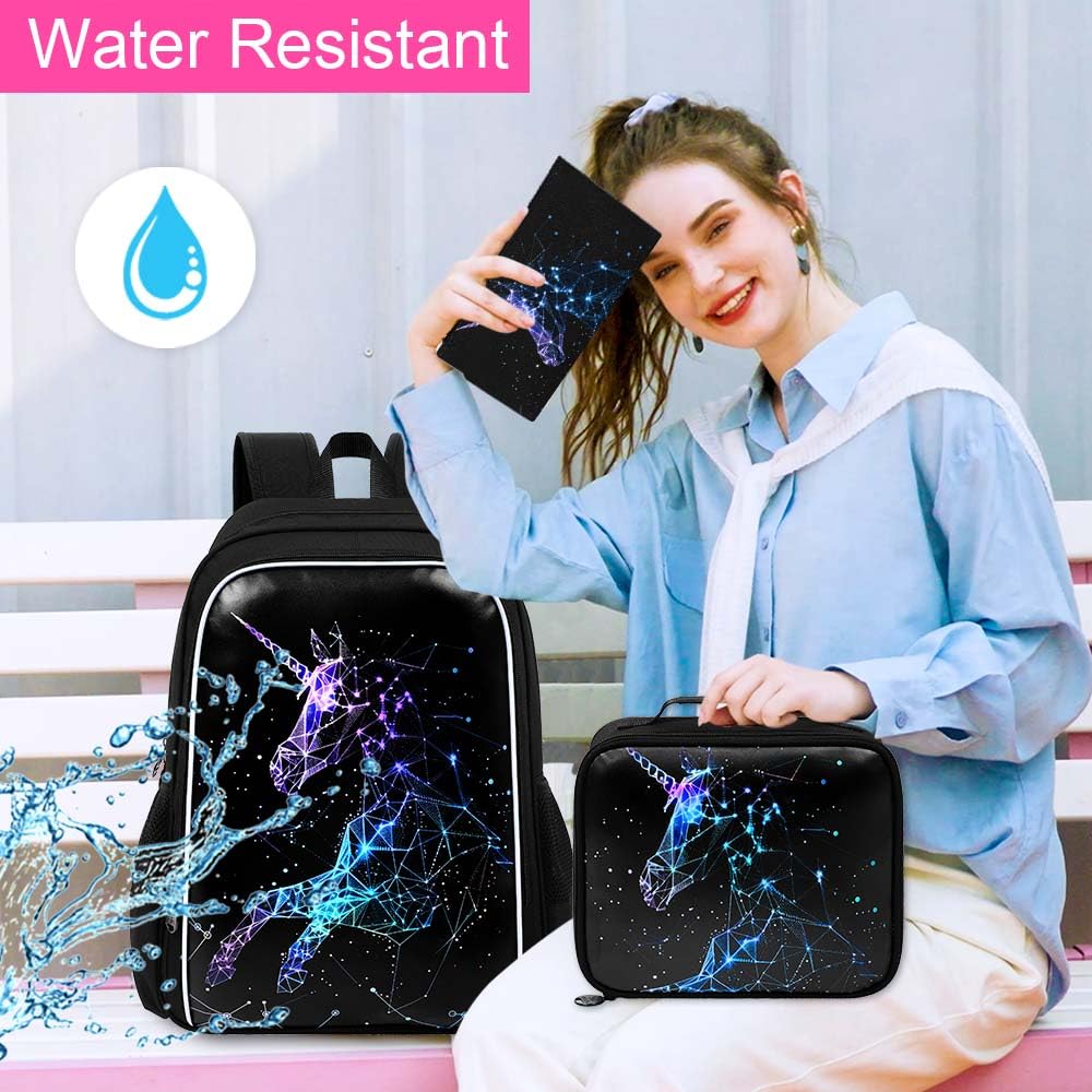 KLFVB 3PCS Girls Backpack, 17" Unicorn Kids Bookbag and Lunch Box, Water-Resistant Preschool Backpacks for Teen Elementary Students